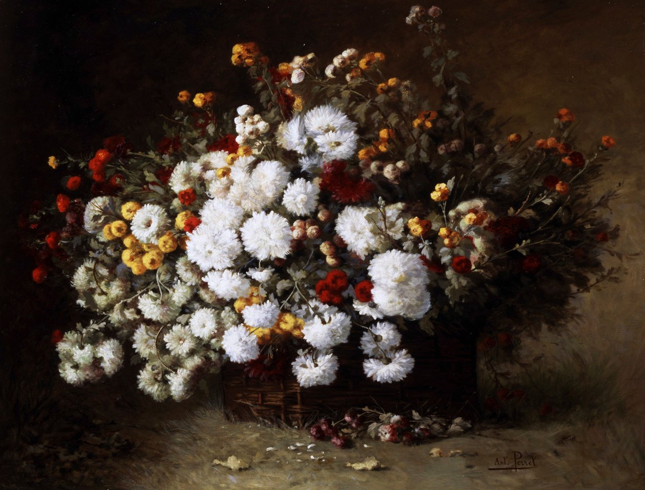 Stilleven met bloemen (asters). Schilderij van Aime Perret (1847-1927) Privécollectie. door Aime Perret