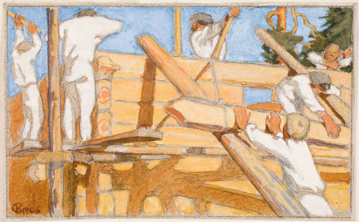 Een huis van stevige boomstammen door Akseli Gallen-Kallela