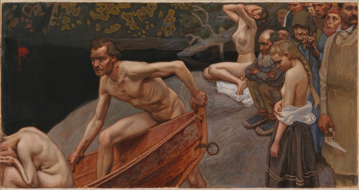 Aan de rivier de Tuonela, studie voor de fresco’s in het Jusélius-mausoleum door Akseli Gallen-Kallela