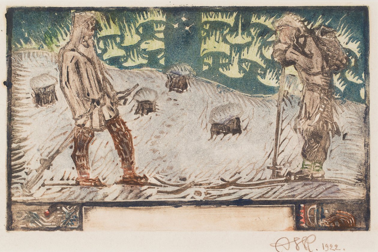 Twee skiërs, titelillustratie voor een gedicht in de Grote Kalevala door Akseli Gallen-Kallela