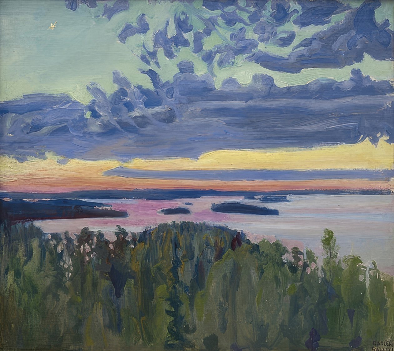 Zonsondergang over het meer door Akseli Valdemar Gallen Kallela