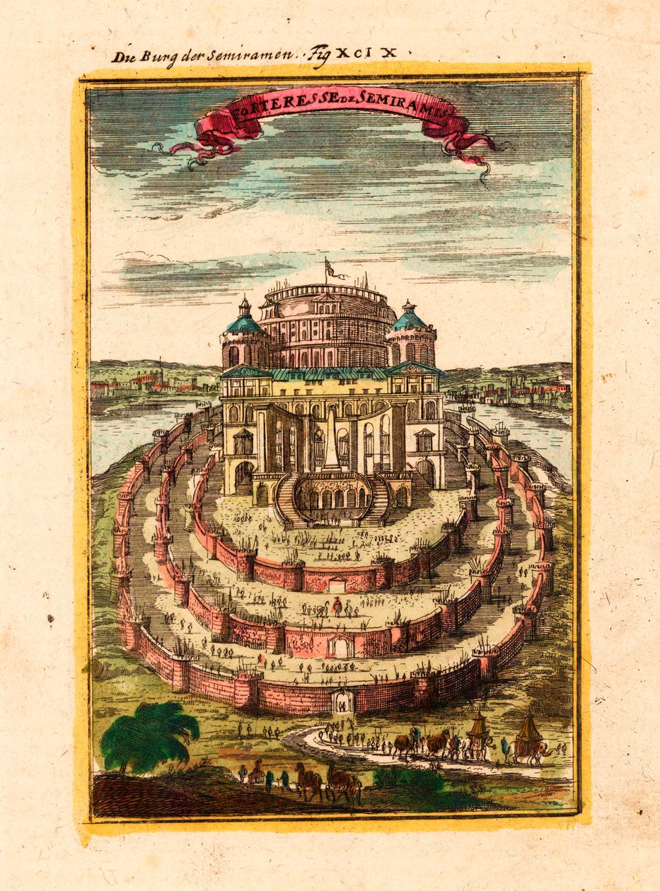 De vesting en de hangende tuinen van de legendarische koningin Semiramis in Babylon - Kopergravure en aquarel door Alain Manesson Mallet (1630-1706) door Alain Manesson Mallet