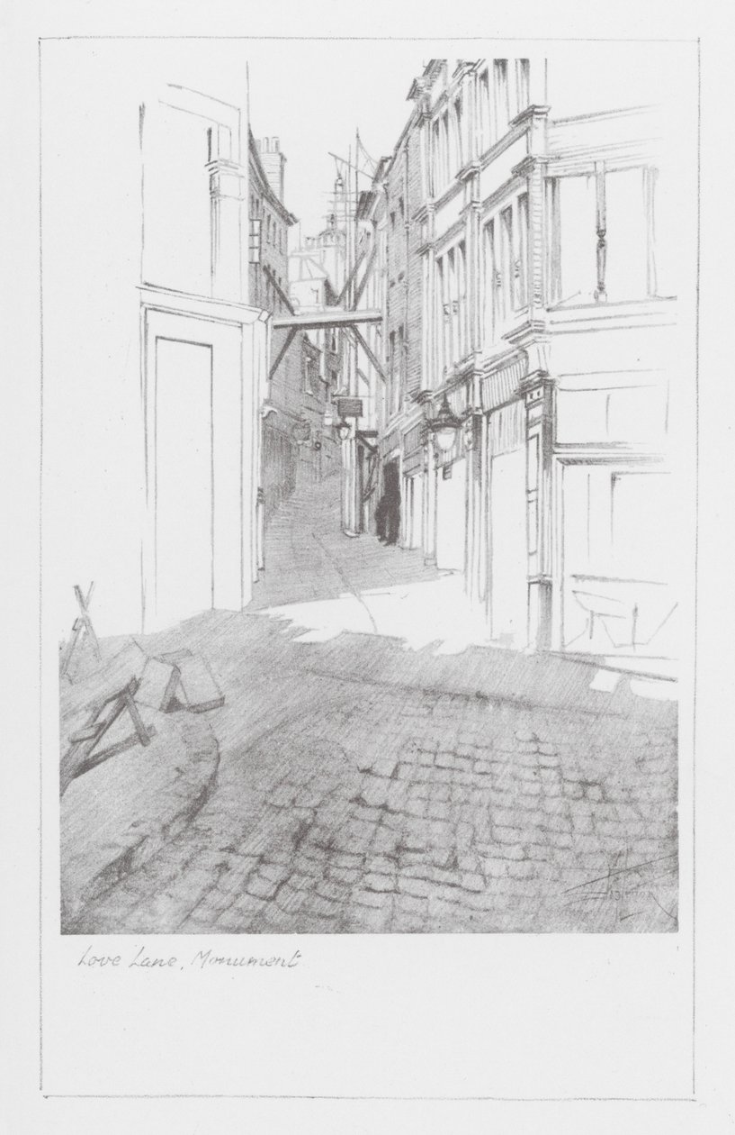 Lanes in Londen: Love Lane, Monument (litho) door Alan Stapleton