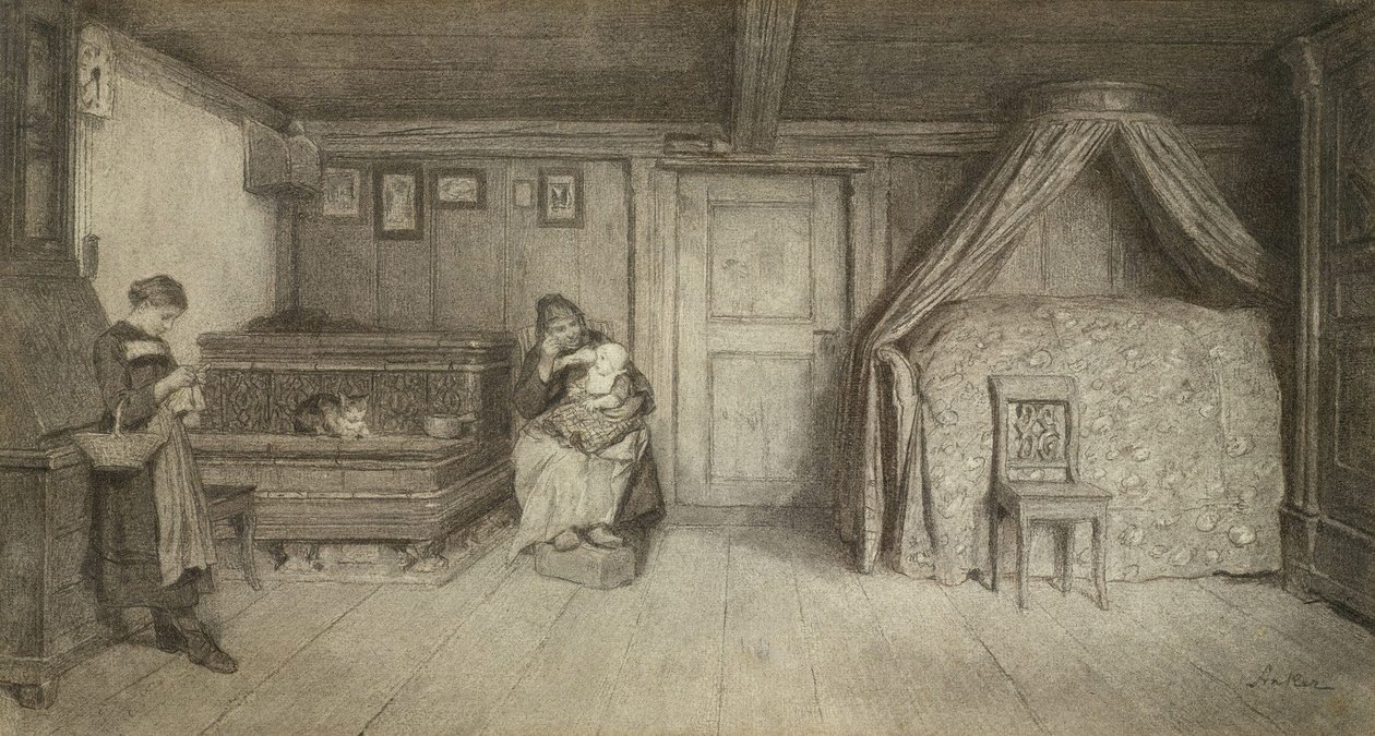 Gezinsscene in een interieur door Albert Anker
