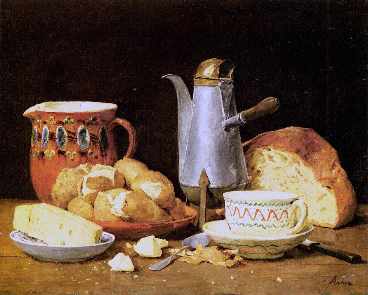 Stilleven met koffie, brood en aardappelen door Albert Anker
