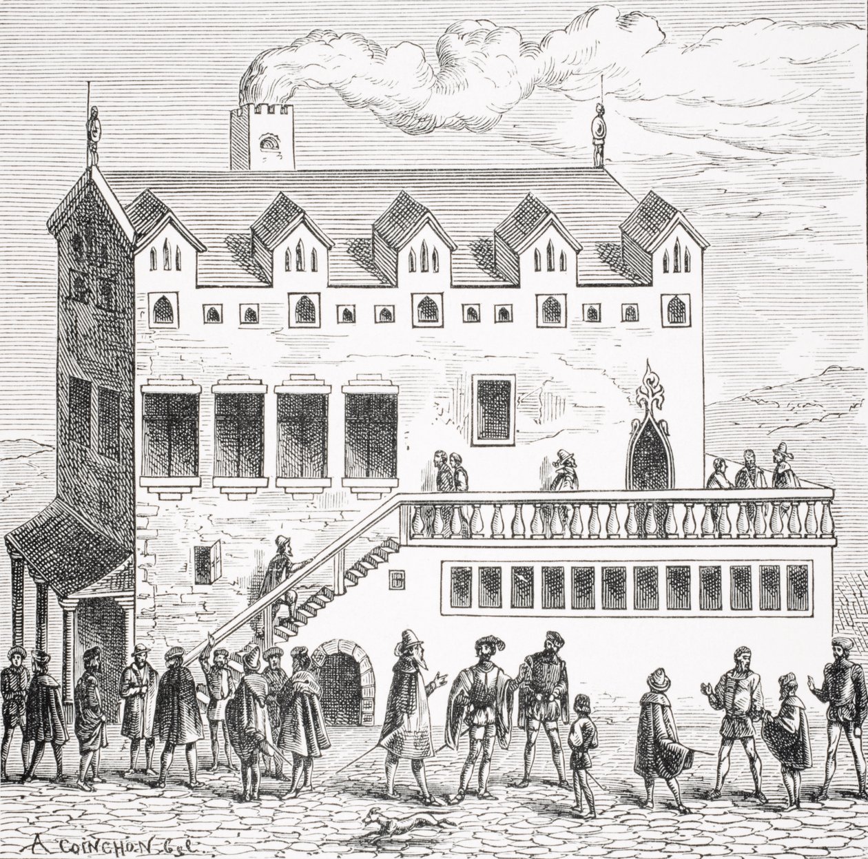 Hotel van de Rekenkamer in de binnenplaats van het paleis in Parijs, naar een houtsnede in 