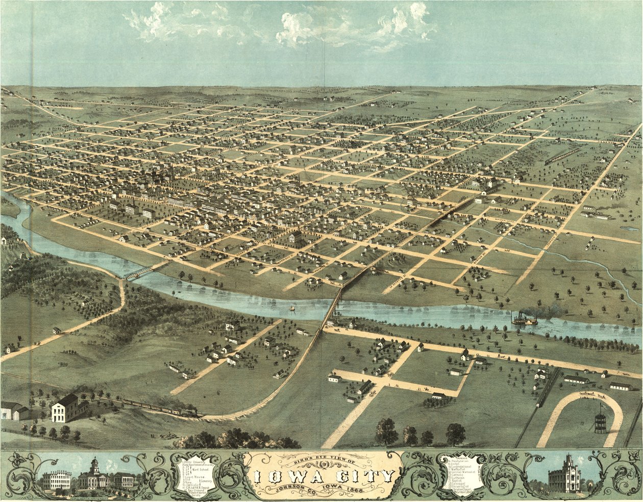 Een vogelvlucht van Iowa City, Iowa in 1868 door Albert Ruger
