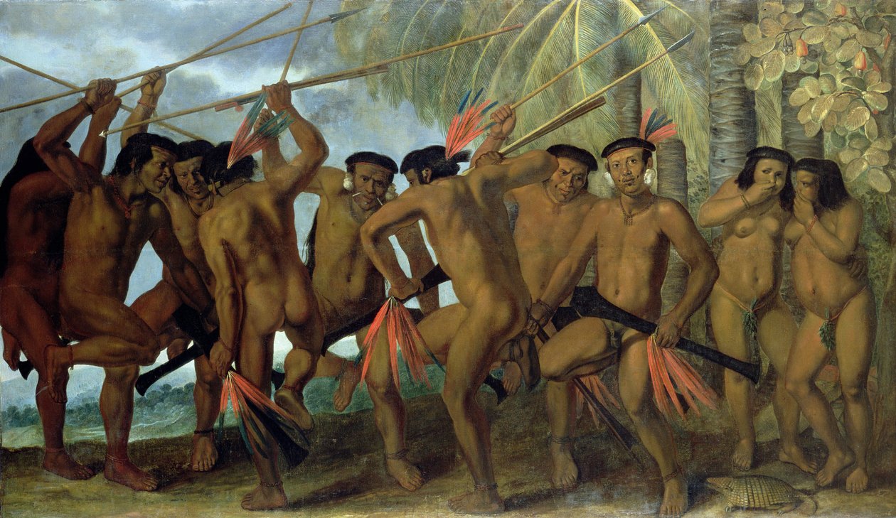 Tapuya-mannen uit Noordoost-Brazilië in oorlogsdans, 1641 door Albert van der Eeckhout