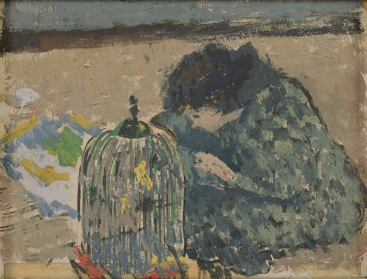 Vrouw met kanarie, ca 1892-94 (olieverf op kaart) door Albert Andre