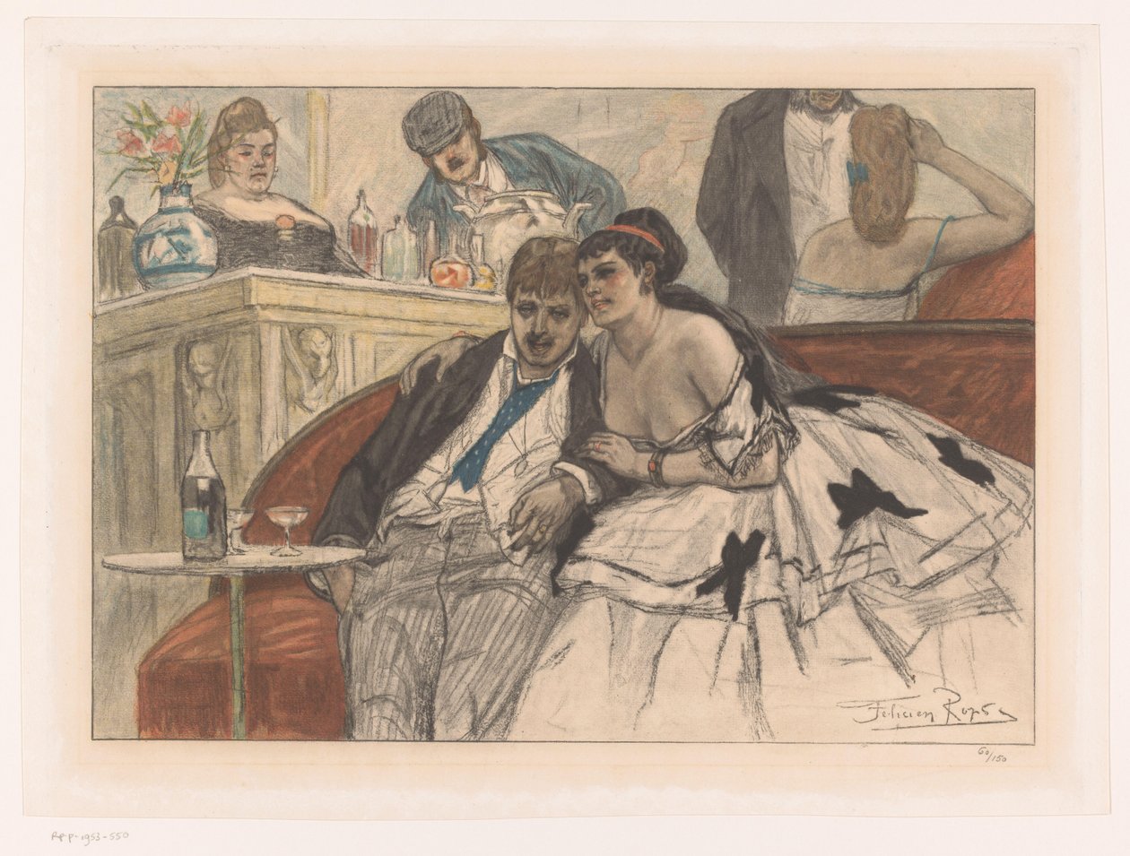 Man en vrouw zittend op een rode bank bij de bar van een theater door Albert Bertrand (attributed to)