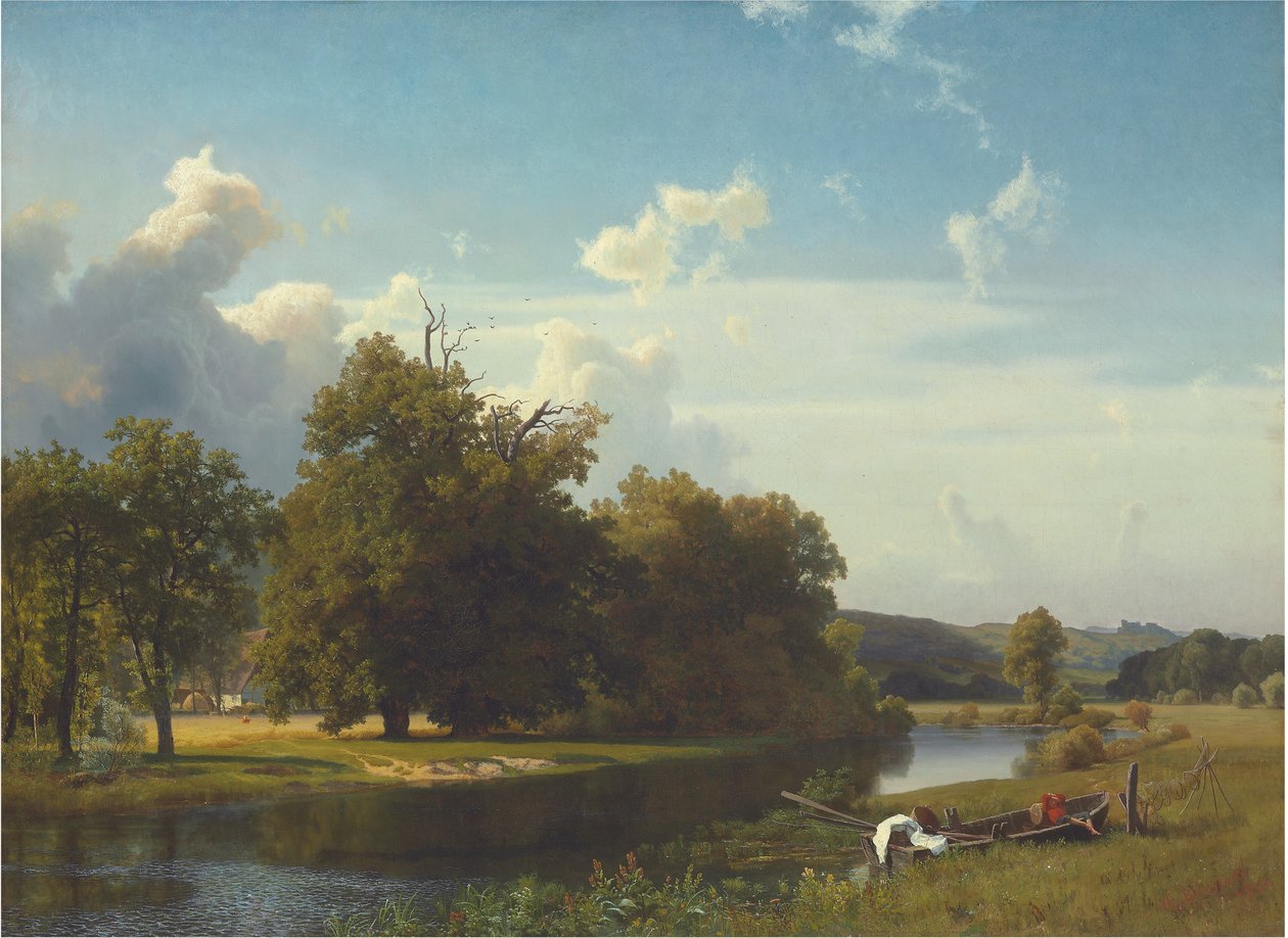 Een rivierlandschap, Westfalen, 1855 door Albert Bierstadt