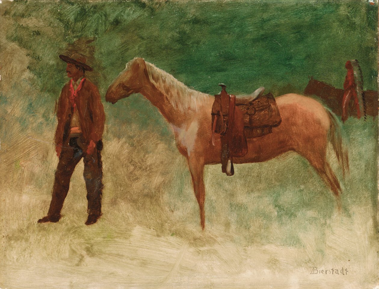 Staande cowboy met paard door Albert Bierstadt