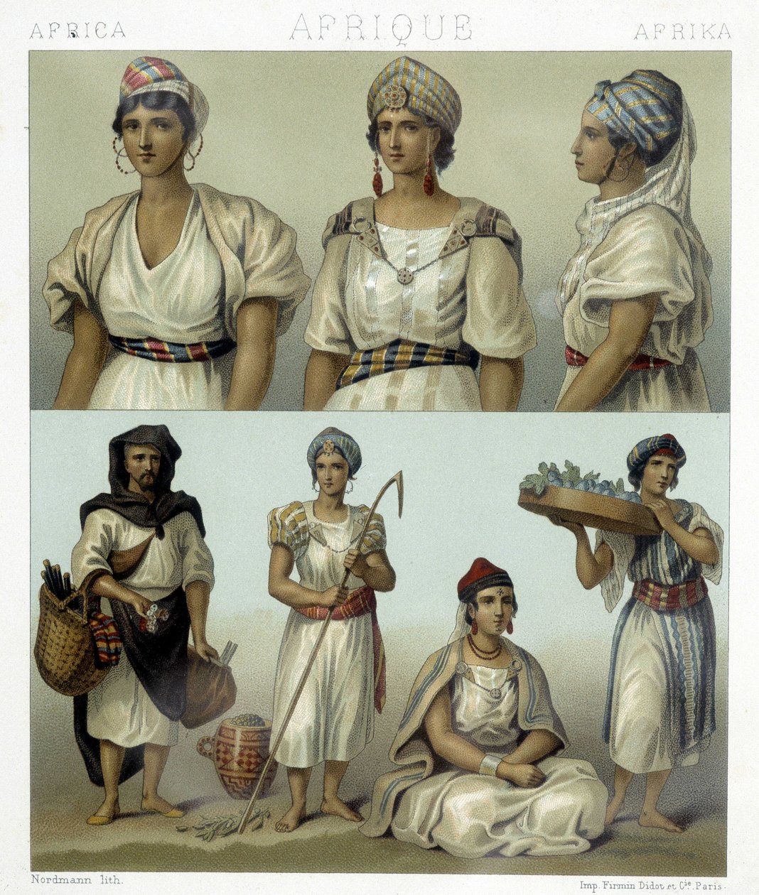 Kostuums en hoofdtooien van Kabyl vrouwen (boven). Tunesische en Algerijnse kostuums (onder). Illustratie in 