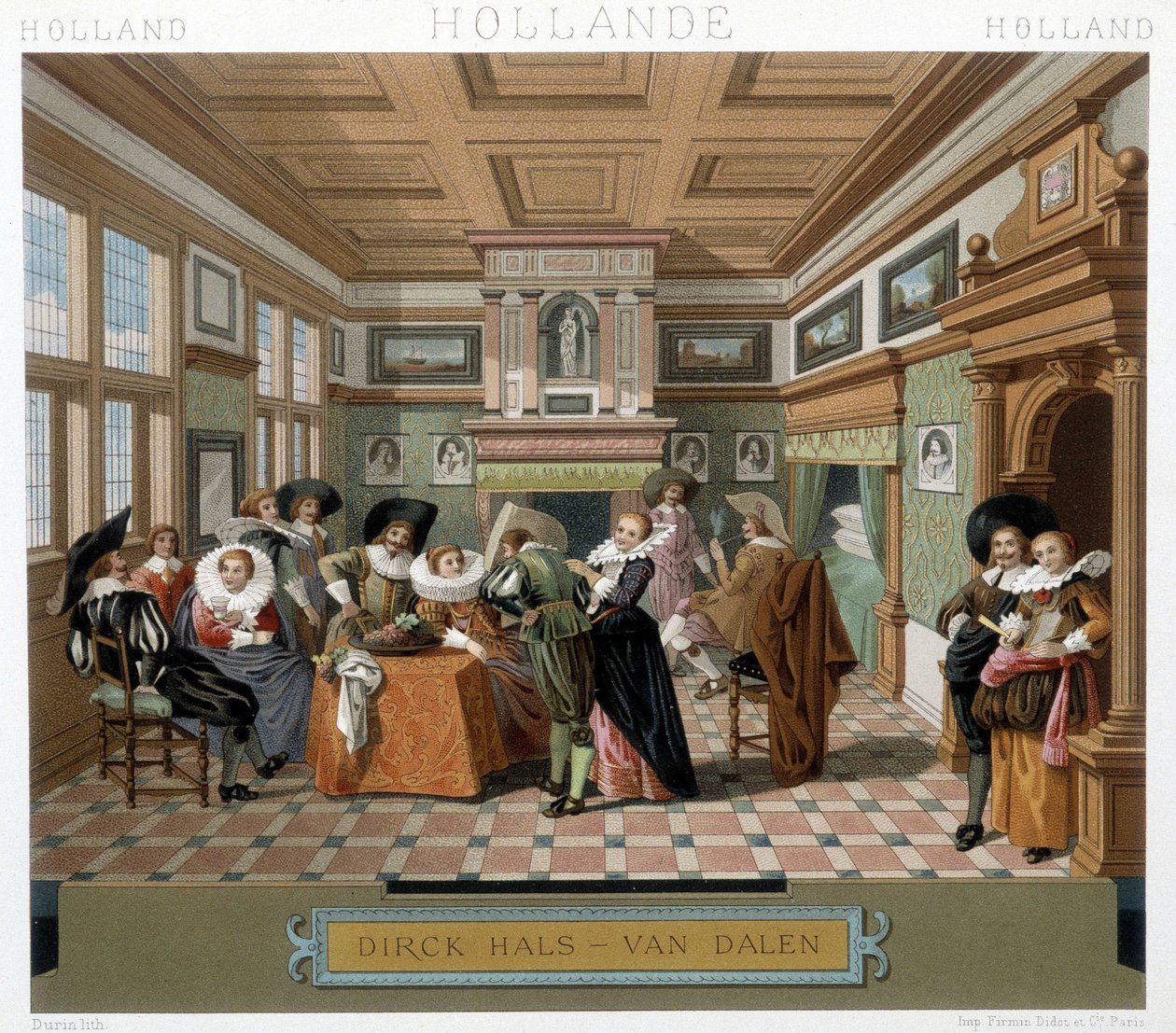 Nederlanders in kostuums en in een 18e-eeuws interieur. Illustratie in "Le costume historique" door Racinet door Albert Charles August Racinet
