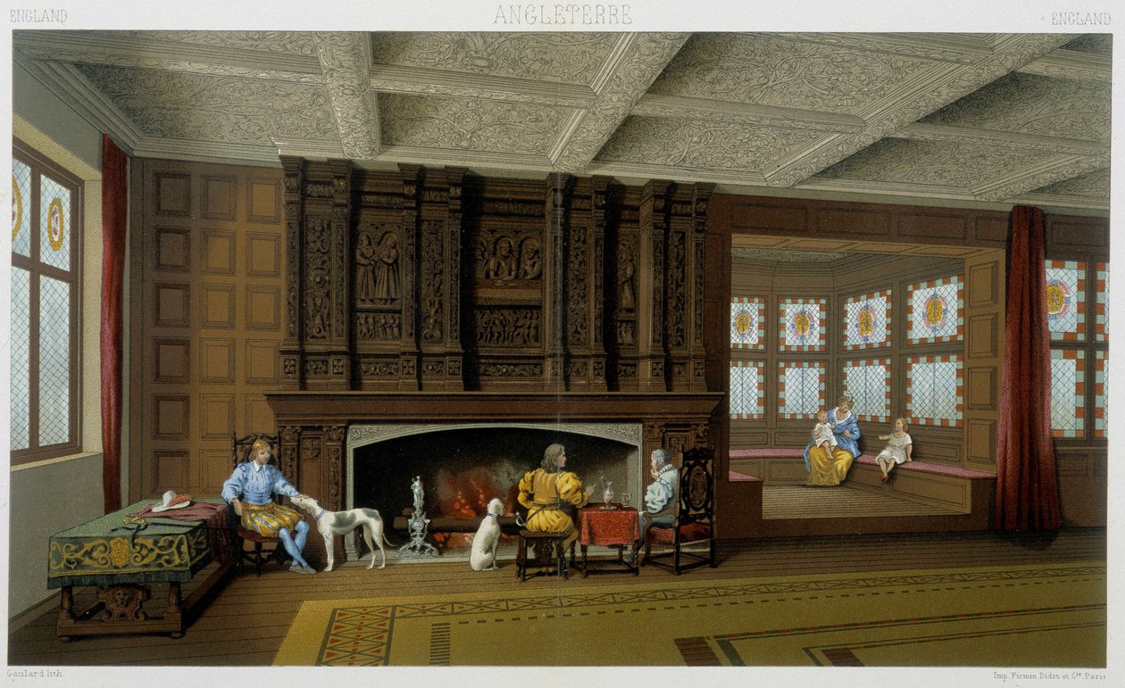 Engelse heer en zijn familie in zijn 17e-eeuwse huis. Chromolithografische plaat - in 