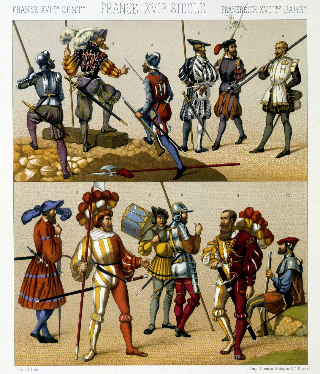 Franse militaire kostuums in de 16e eeuw. Chromolithografische plaat - in 