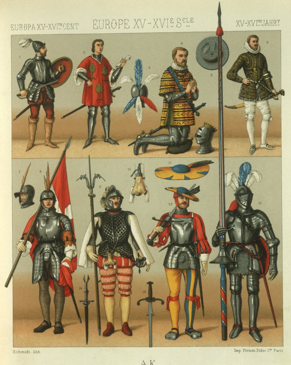 Illustratie van Europese krijgers in harnas door Albert Charles August Racinet
