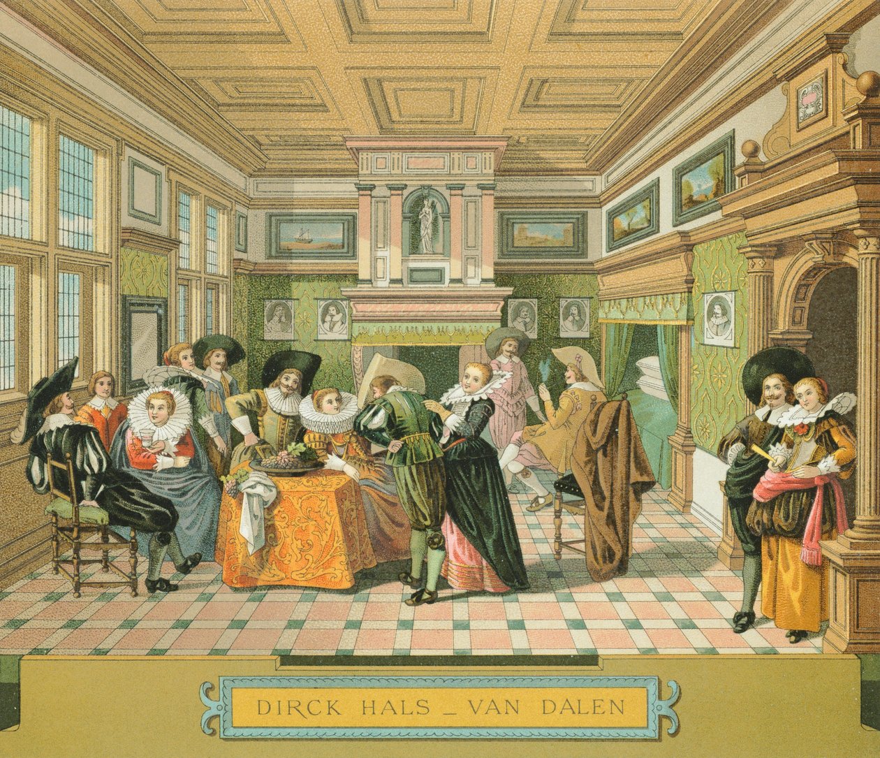 Interieur van een Nederlands adellijk huis in de 17e eeuw, illustratie uit The Complete Costume History door Racinet Auguste door Albert Charles August Racinet