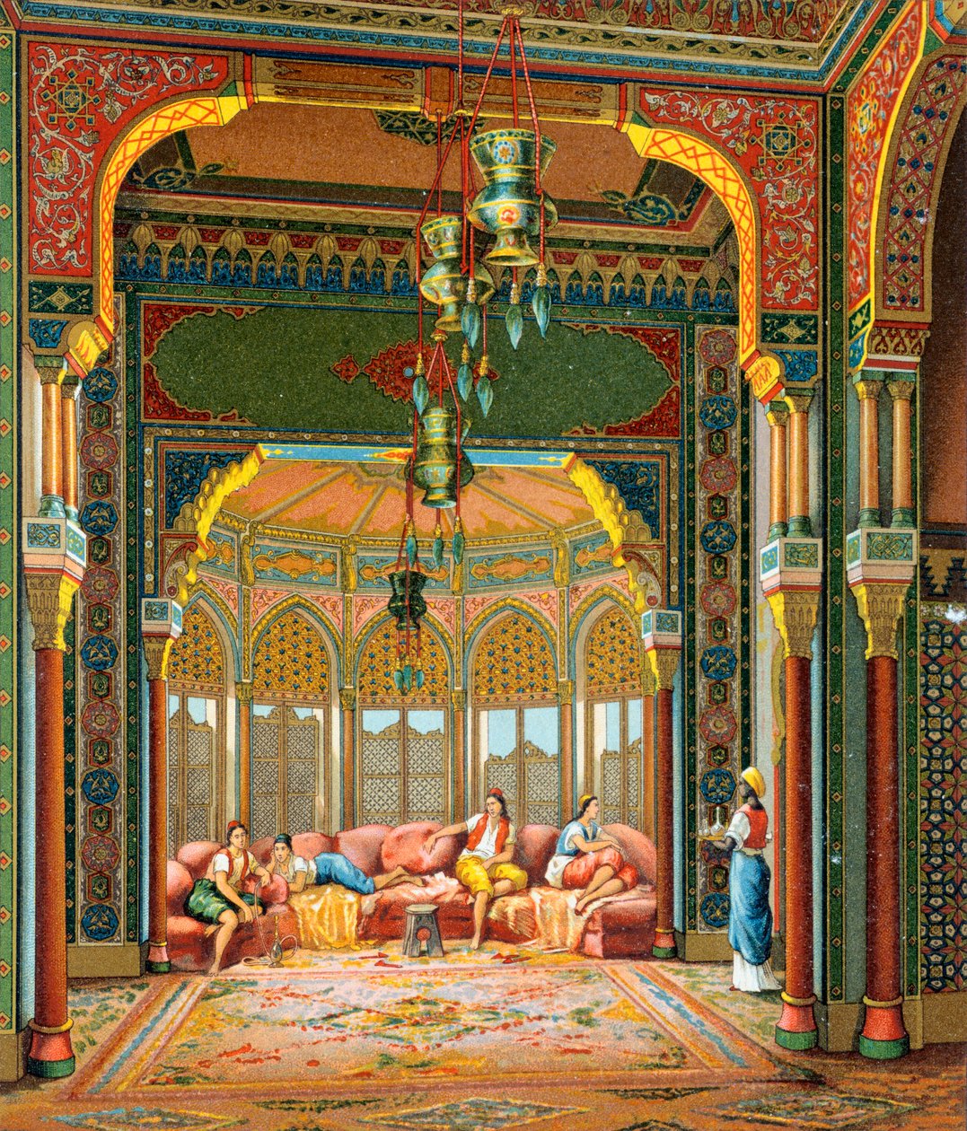 Interieur van een Turks gebouw, illustratie uit Complete Costume History door Auguste Racinet door Albert Charles August Racinet