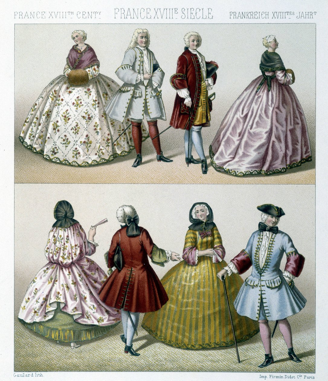 Mannen en vrouwen in modieuze 18e-eeuwse kostuums in Frankrijk. Illustratie in 