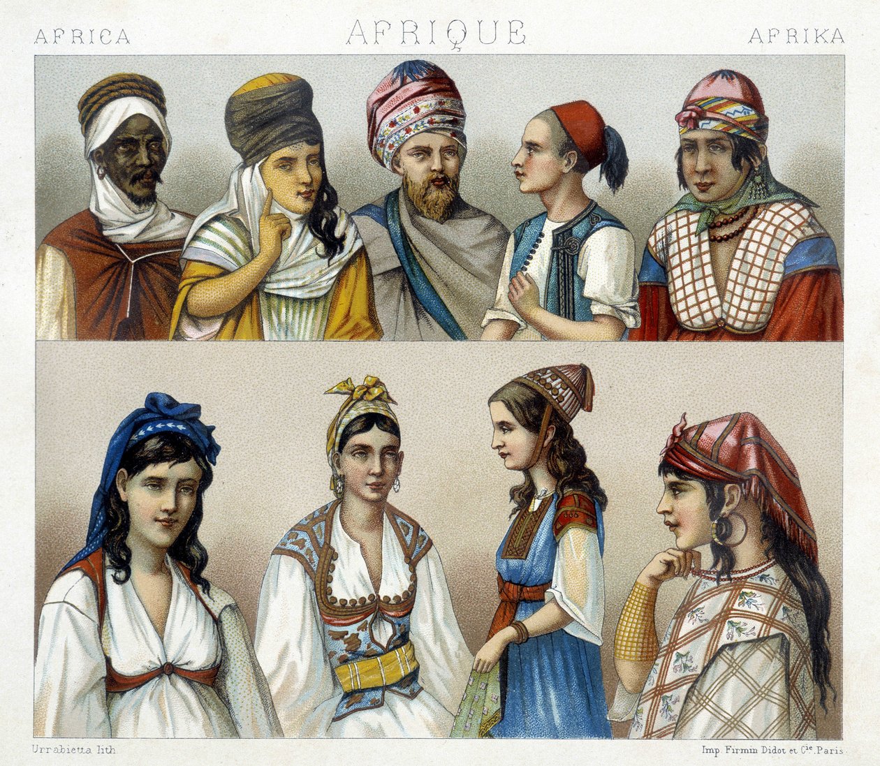 Traditionele kostuums en hoofdtooien van mannen en vrouwen in Algerije. Illustratie in 