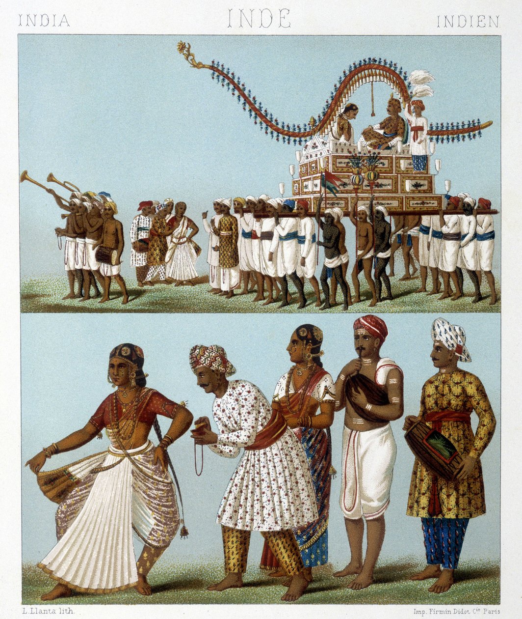 Transport, muziek, dans en traditionele kostuums van India. Illustratie in 