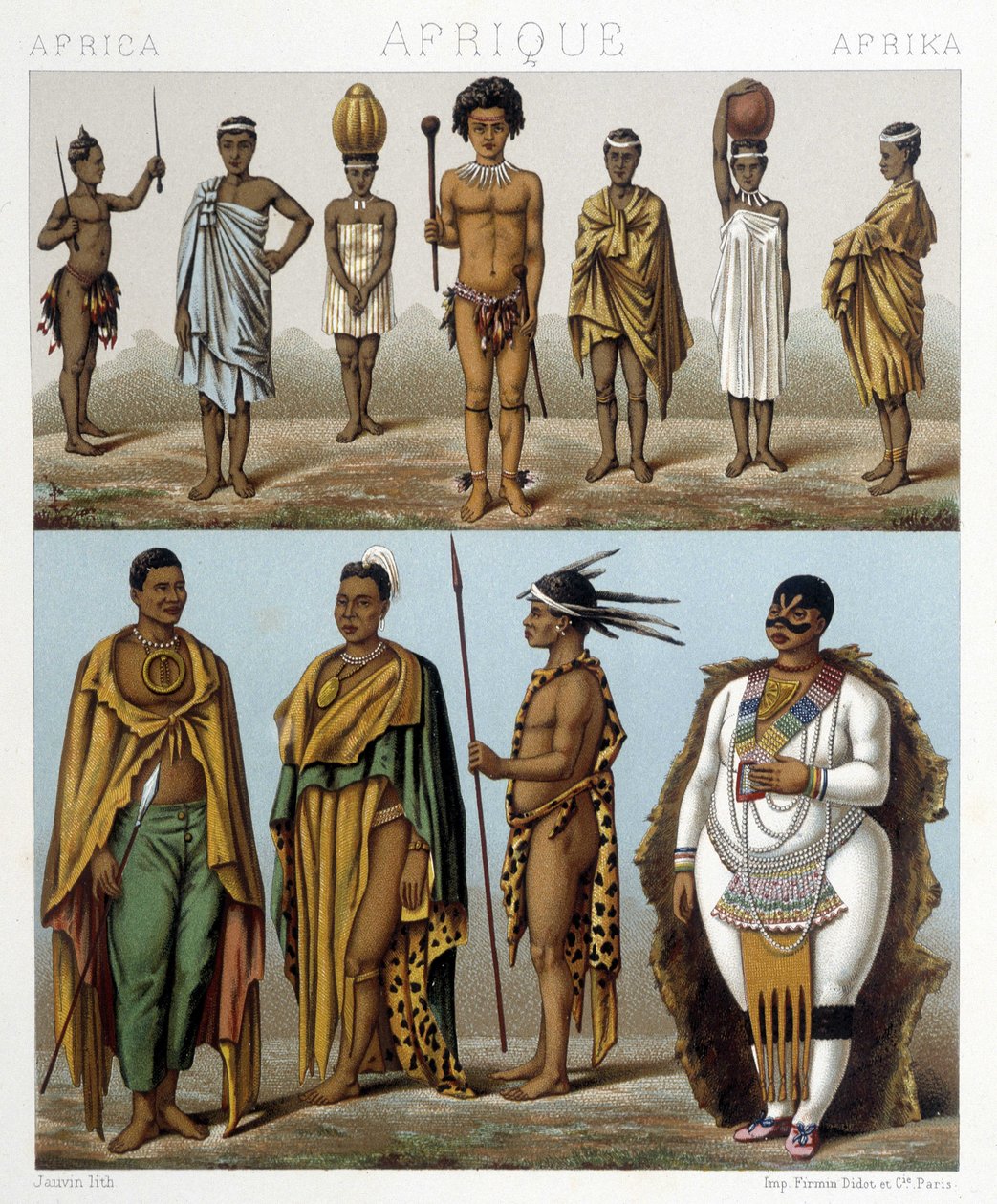 Verschillende mannen uit Zuid-Afrika. Illustratie in "Le costume historique" door Racinet door Albert Charles August Racinet