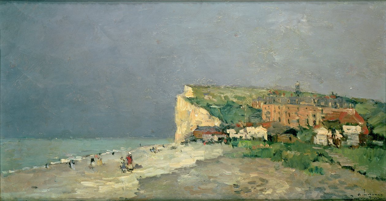 Het strand van Puys-sous-Dieppe, stormachtige lucht, ca. 1880 door Albert Charles Lebourg