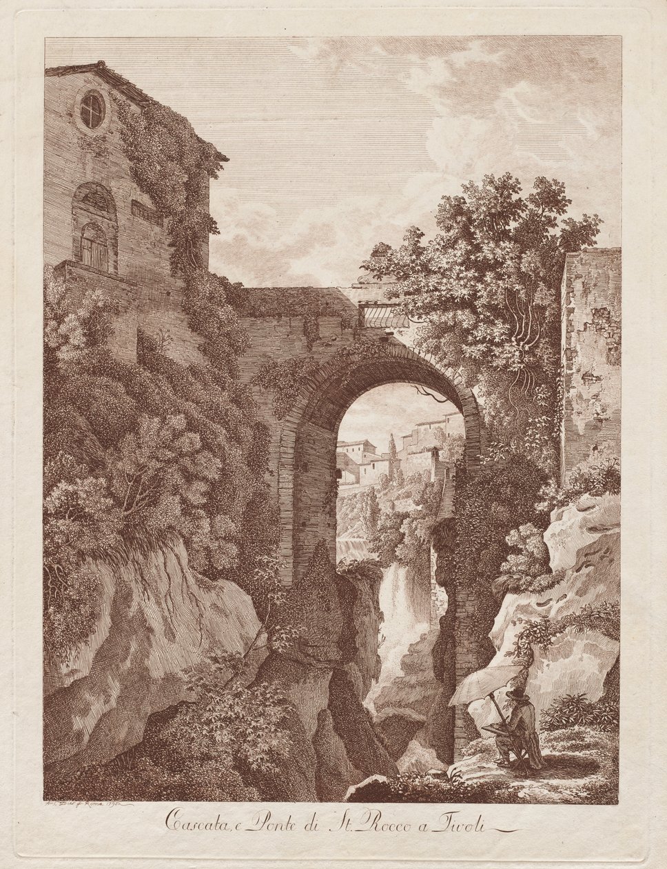 St. Rocco Waterval en Brug bij Tivoli (Cascata e Ponte di St. Rocco a Tivoli) door Albert Christoph Dies