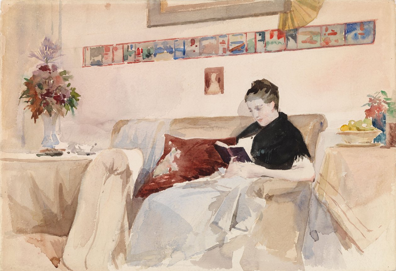 De vrouw van de kunstenaar zit op de bank te lezen door Albert Edelfelt