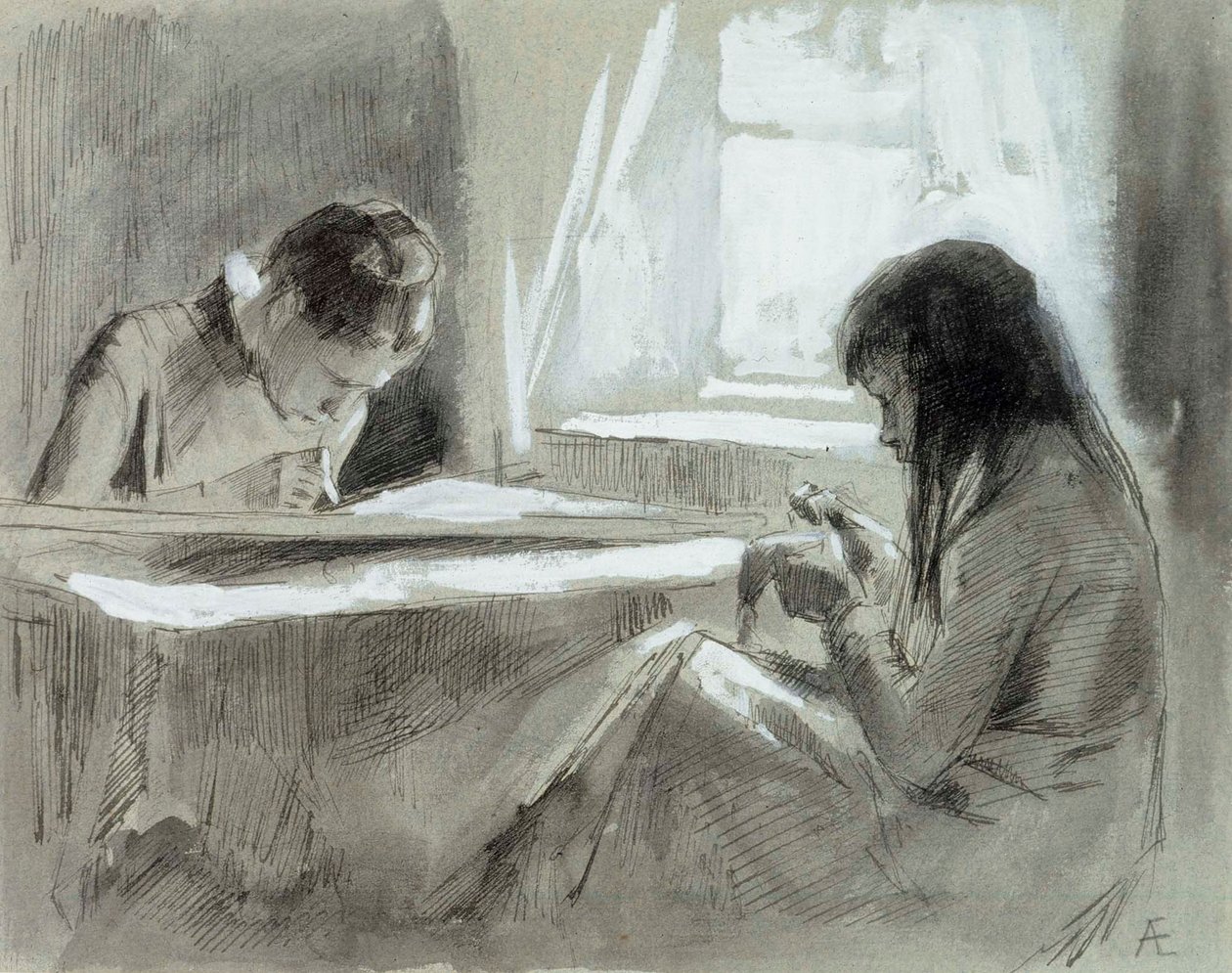 Meisjes die bij het raam zitten te naaien door Albert Edelfelt