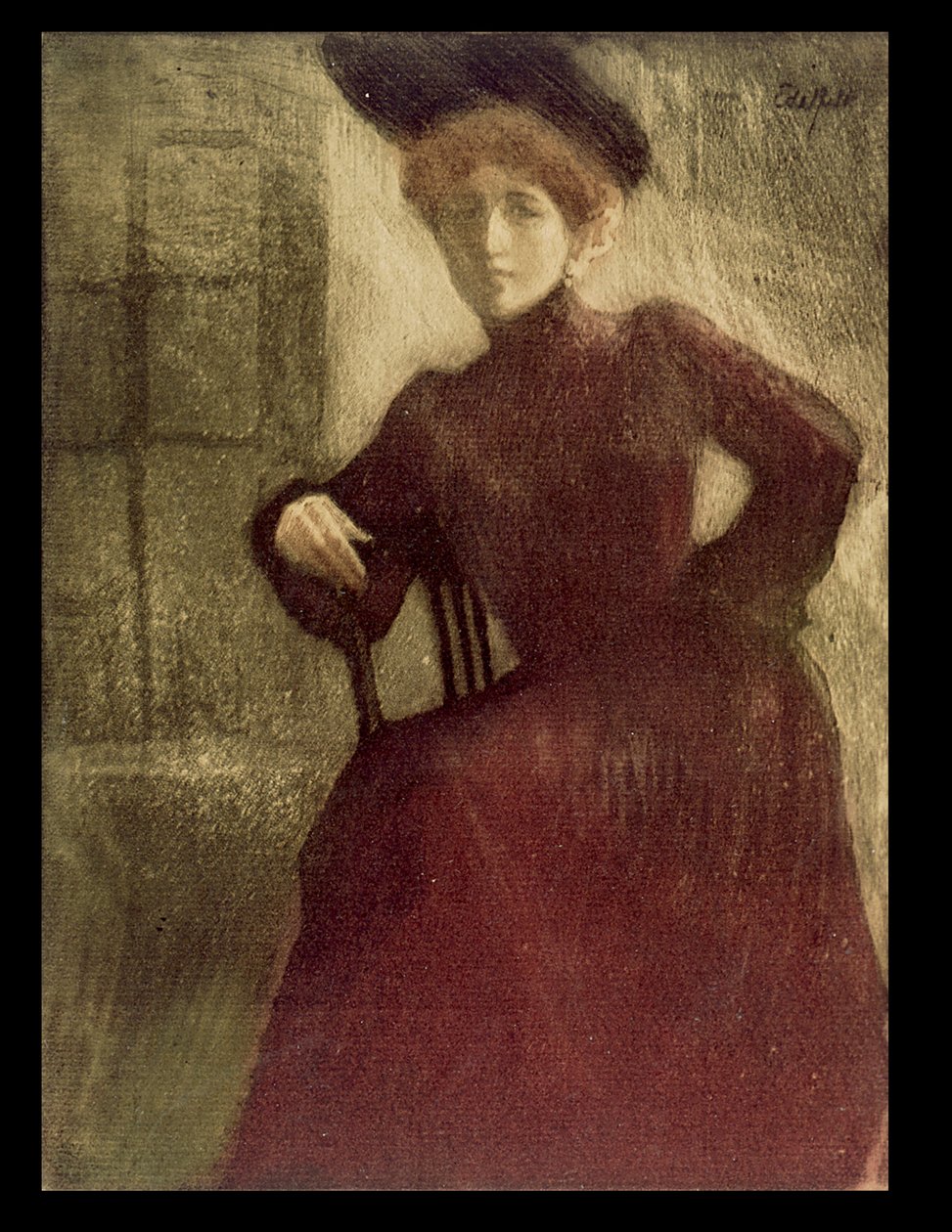 Dame in rood, vrouw in een rode jurk (mejuffrouw Perrot) door Albert Edelfelt