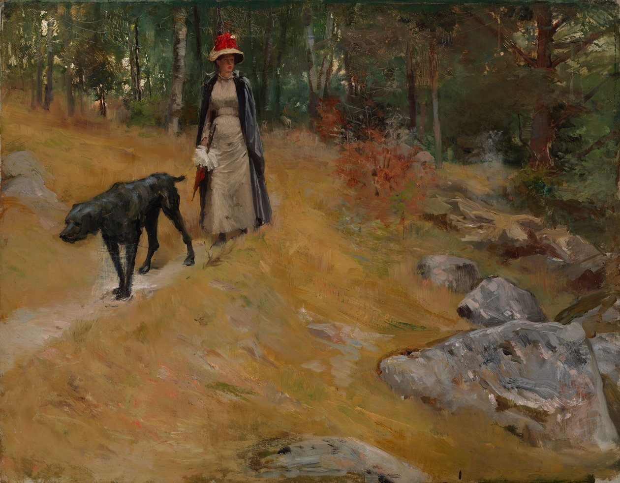 Op de oeverhelling (Annie Edelfelt met een hond) door Albert Edelfelt