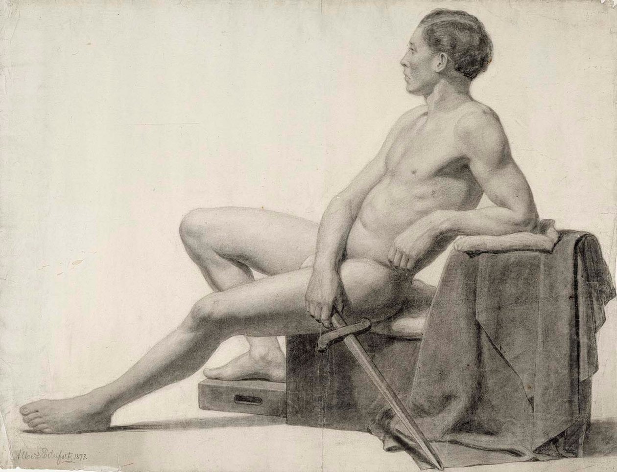 Zittend mannelijk model met een zwaard in de hand, academische studie door Albert Edelfelt