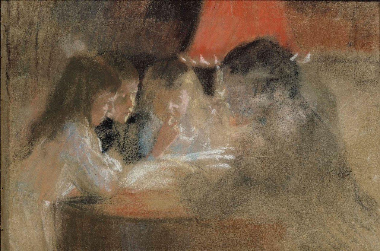 De kinderen van de familie Brandt (Bij het licht van de lamp) door Albert Edelfelt