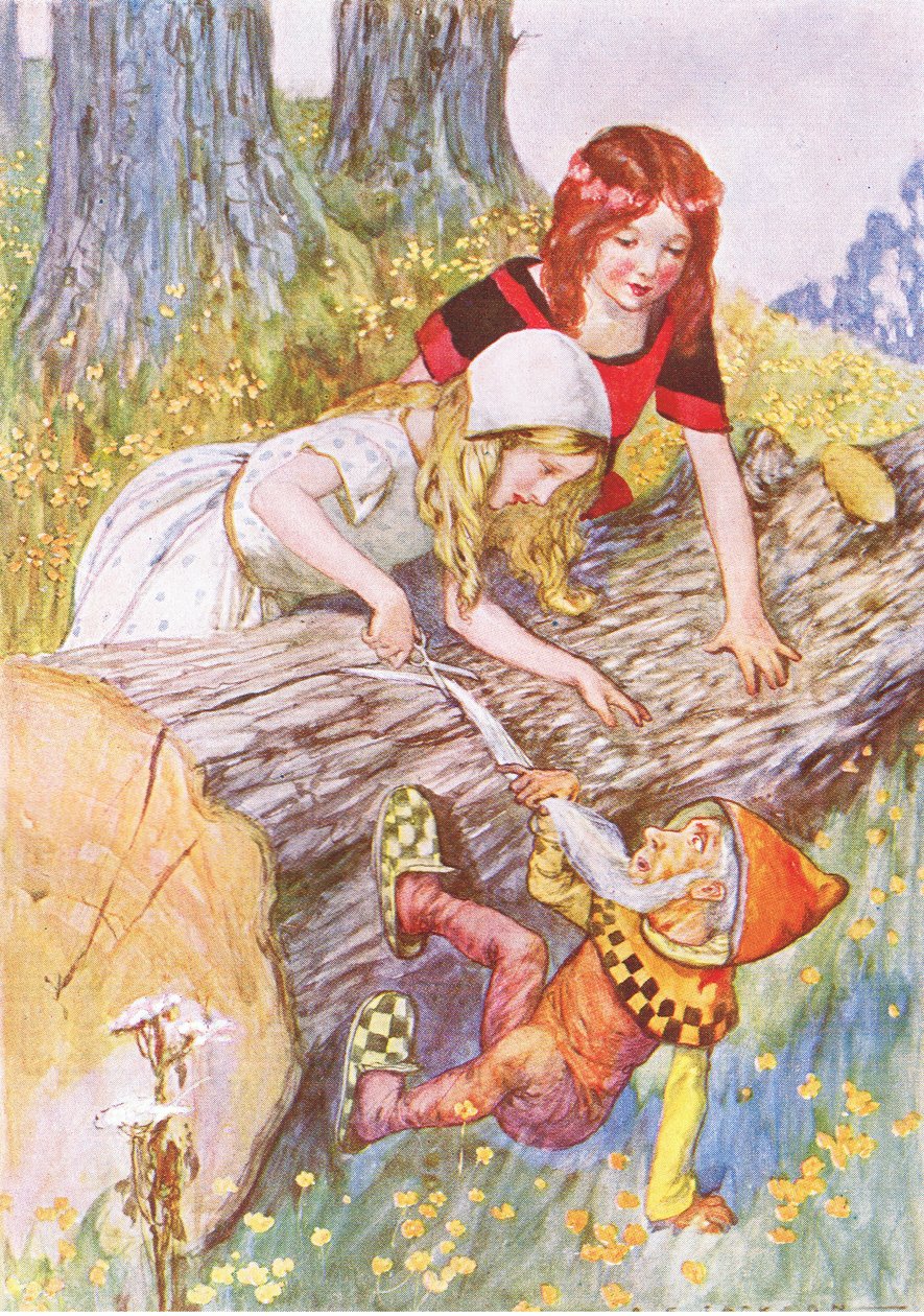 Heel voorzichtig knipte ze de zachte witte baard (uit het verhaal Sneeuwwitje en Rozerood), illustratie uit Een Trap van Verhalen uitgegeven door Thomas Nelson & Sons Ltd 1940