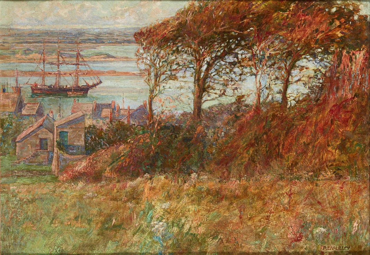 Bosje boven de haven in de herfst (olieverf op doek) door Albert Ernest Victor Lilley