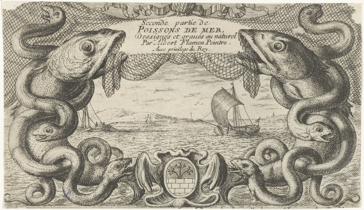 Zeegezicht met rand van zeedieren en een visnet door Albert Flamen