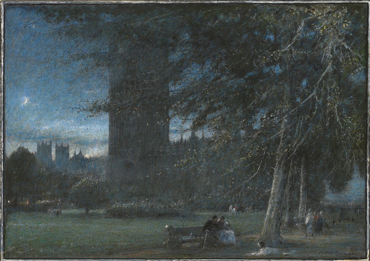 Beelden onder het Palace of Westminster bij schemering door Albert Goodwin