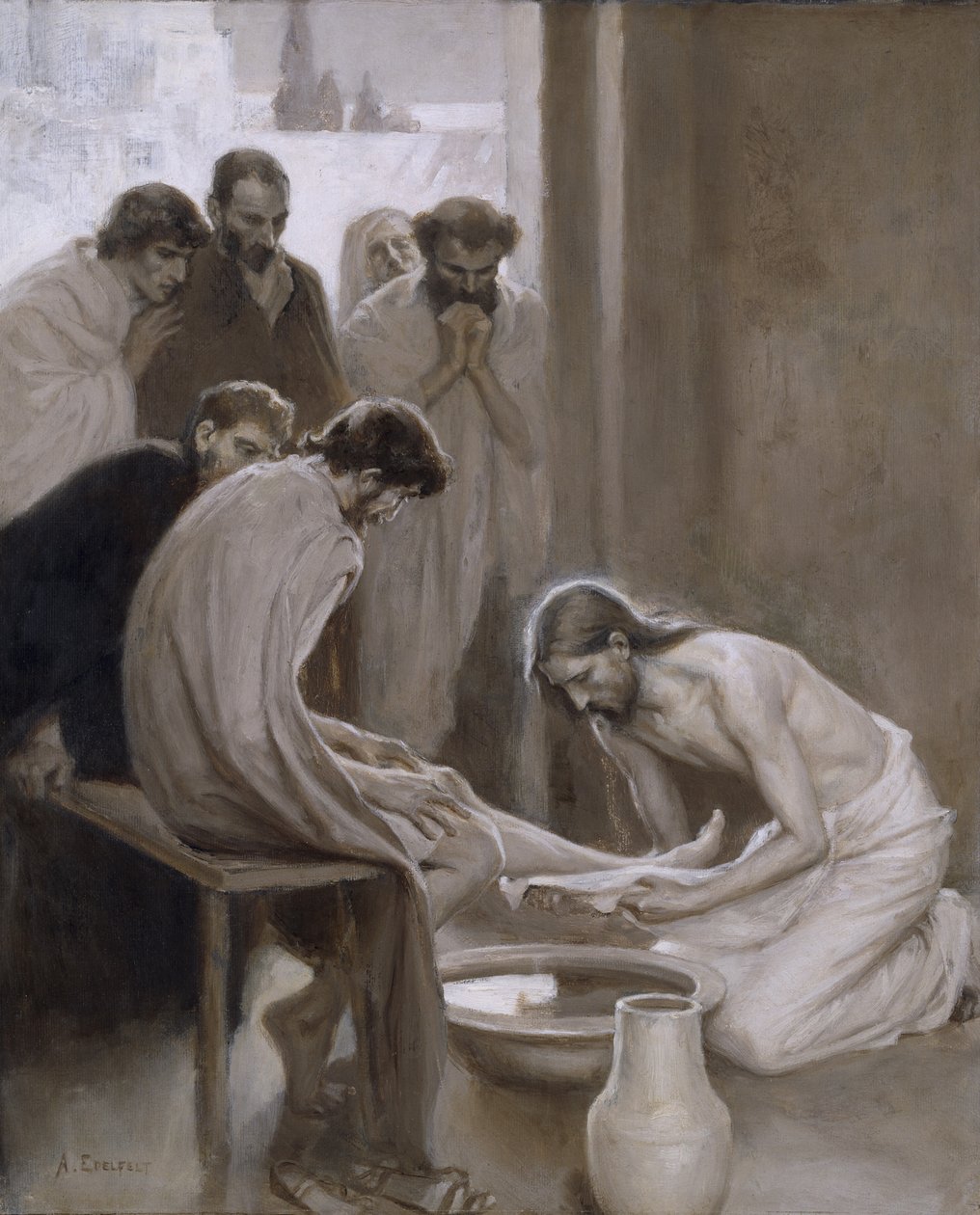 Jezus wast de voeten van zijn discipelen door Albert Gustaf Aristides Edelfelt