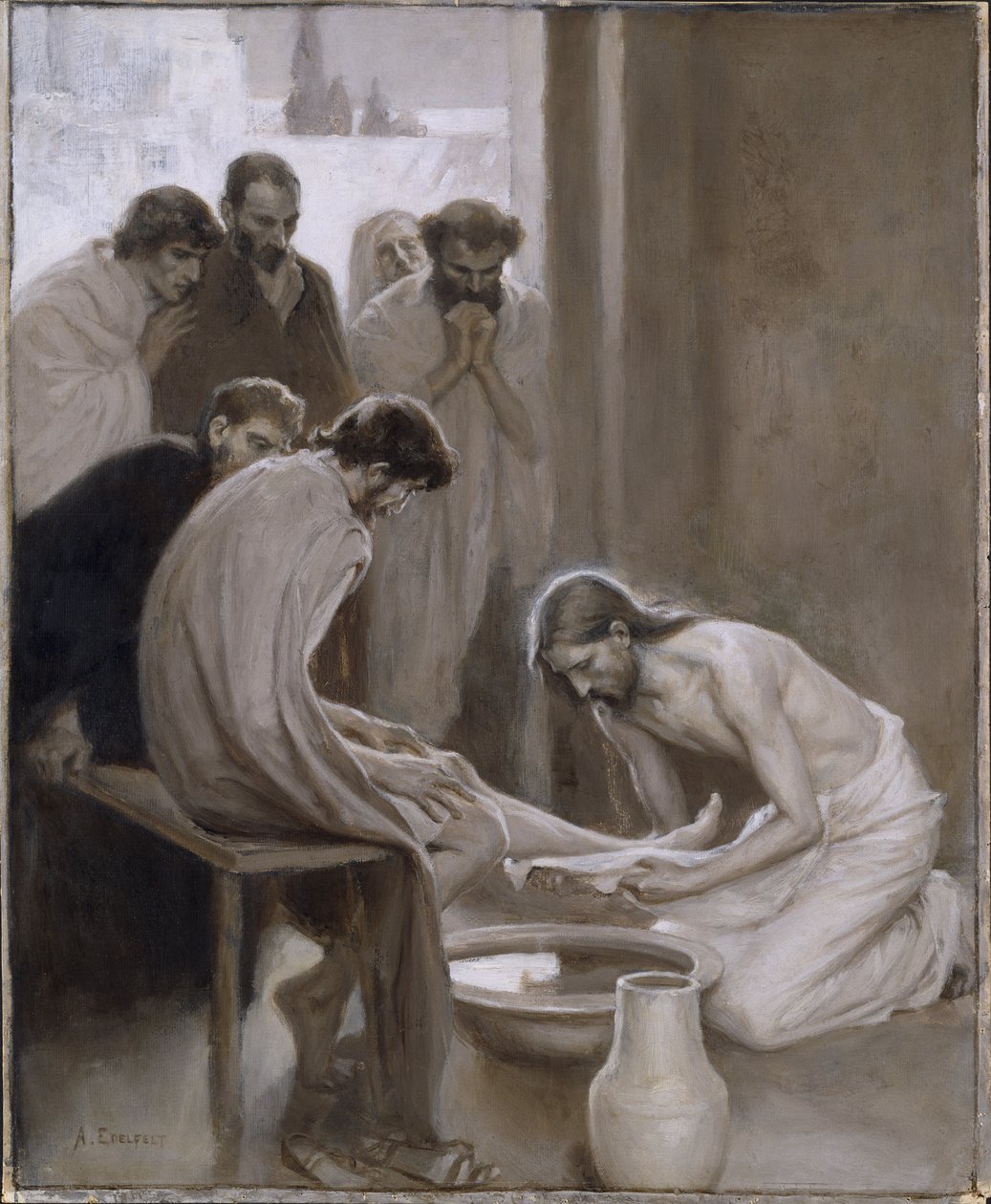 Le Christ lavant les pieds de ses disciples - Christus wast de voeten van de discipelen, door Edelfelt, Albert Gustaf Aristides (1854-1905). Grisaille door Albert Gustaf Aristides Edelfelt