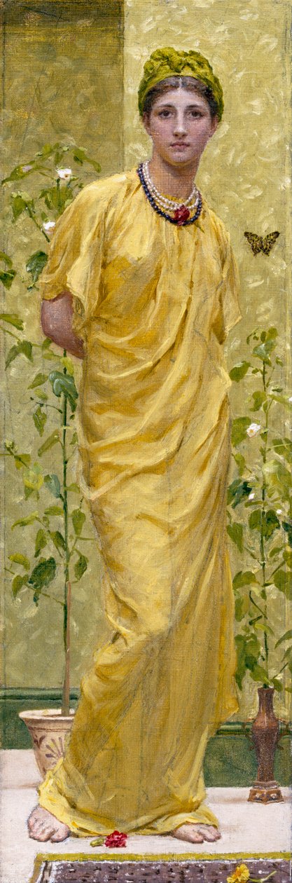"Rapsodie in geel met vlinder" Rapsodie in geel met vlinder. Jonge vrouw gedrapeerd in geel. Schilderij van Albert Joseph Moore (1841-1893) (prerafaëliet) Privécollectie door Albert Joseph Moore
