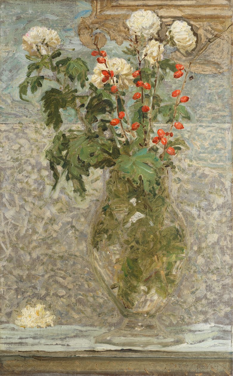 Witte chrysanten en rode bessen door Albert Joseph Moore