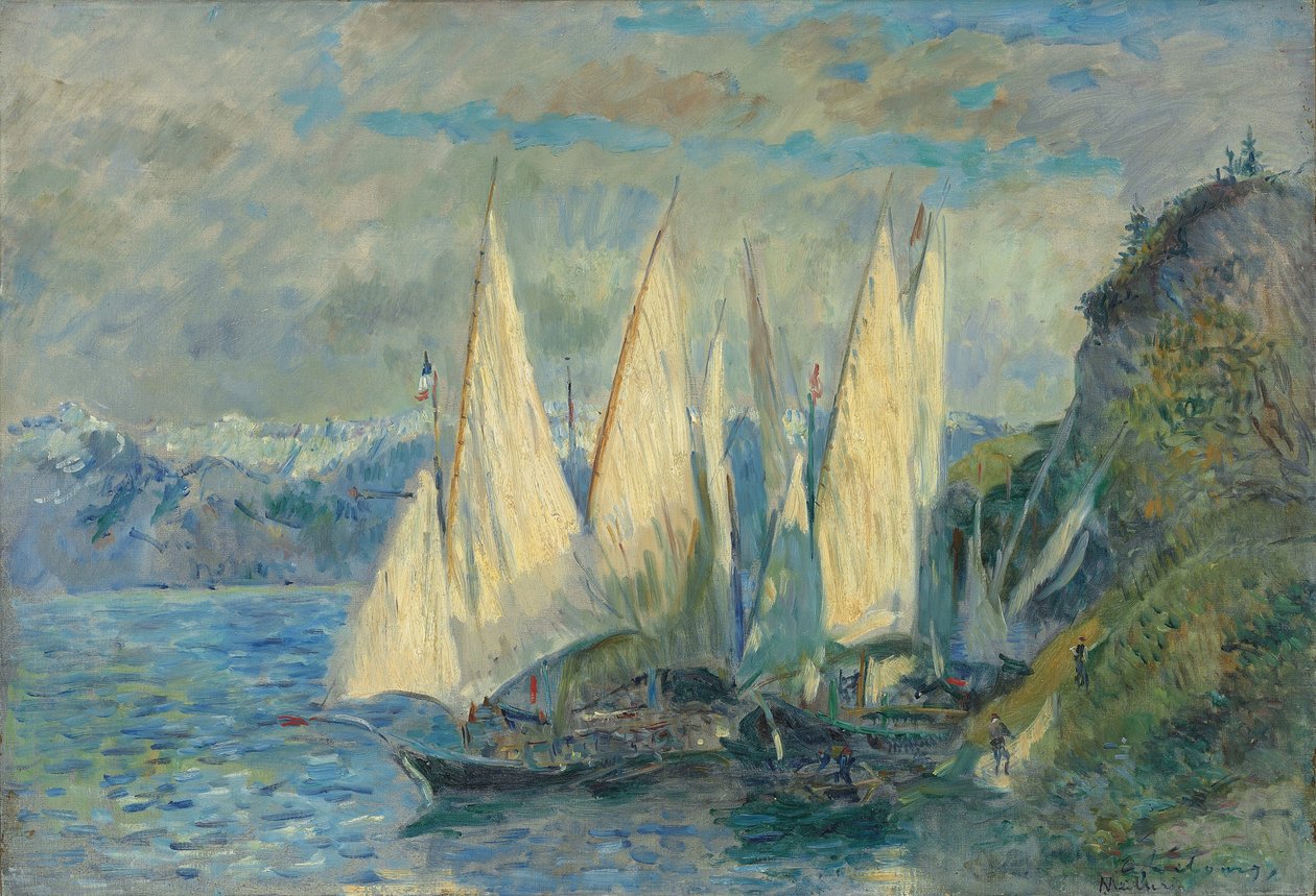 Boten met grote zeilen op het Meer van Genève bij Meillerie in Haute-Savoie door Albert Lebourg