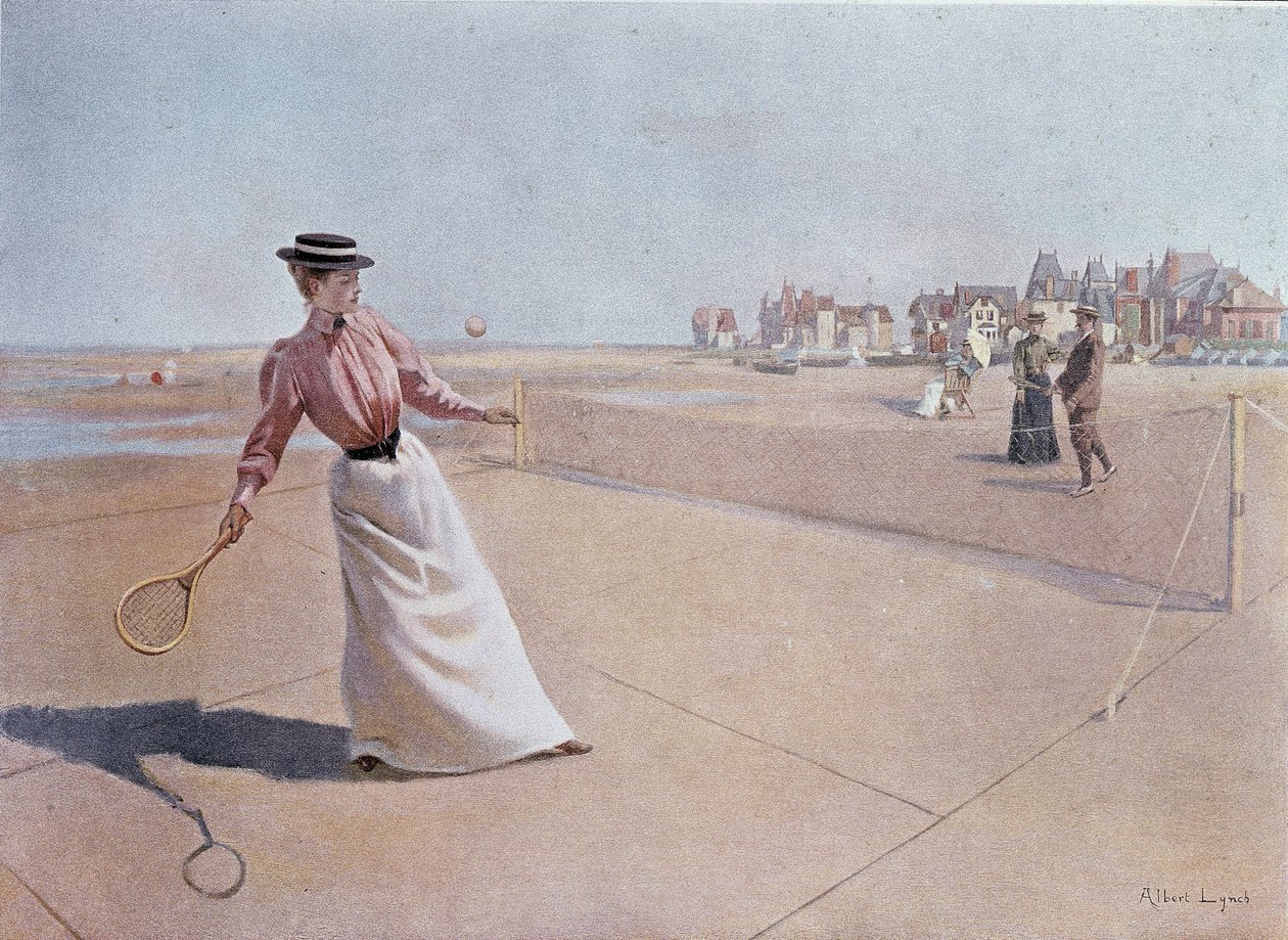 Amateur tennismatch op het strand - tekening door Lynch, 20e eeuw door Albert Lynch