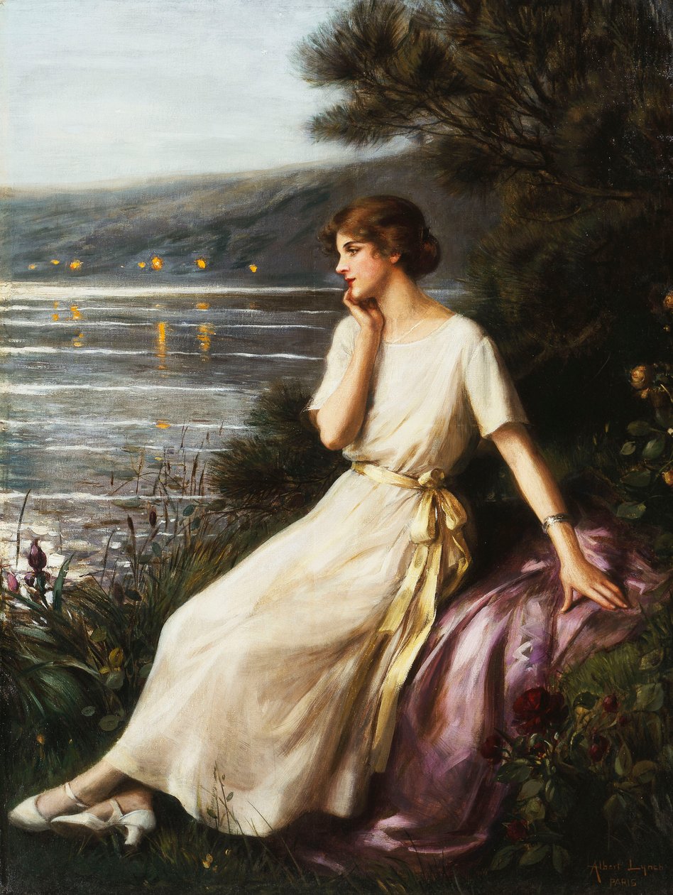 Portret van een vrouw bij een meer door Albert Lynch