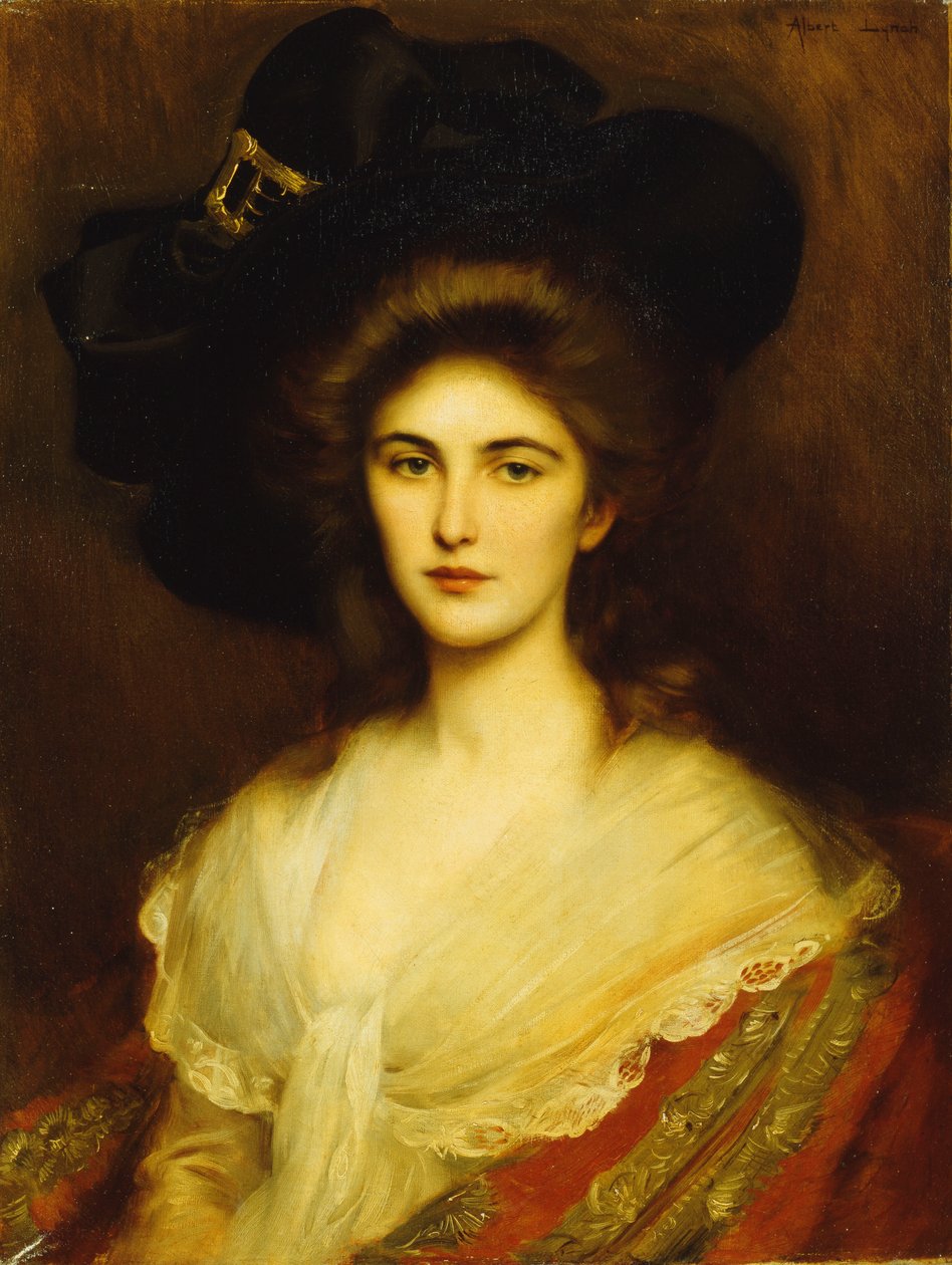 Portret van een elegante dame met een zwarte hoed door Albert Lynch