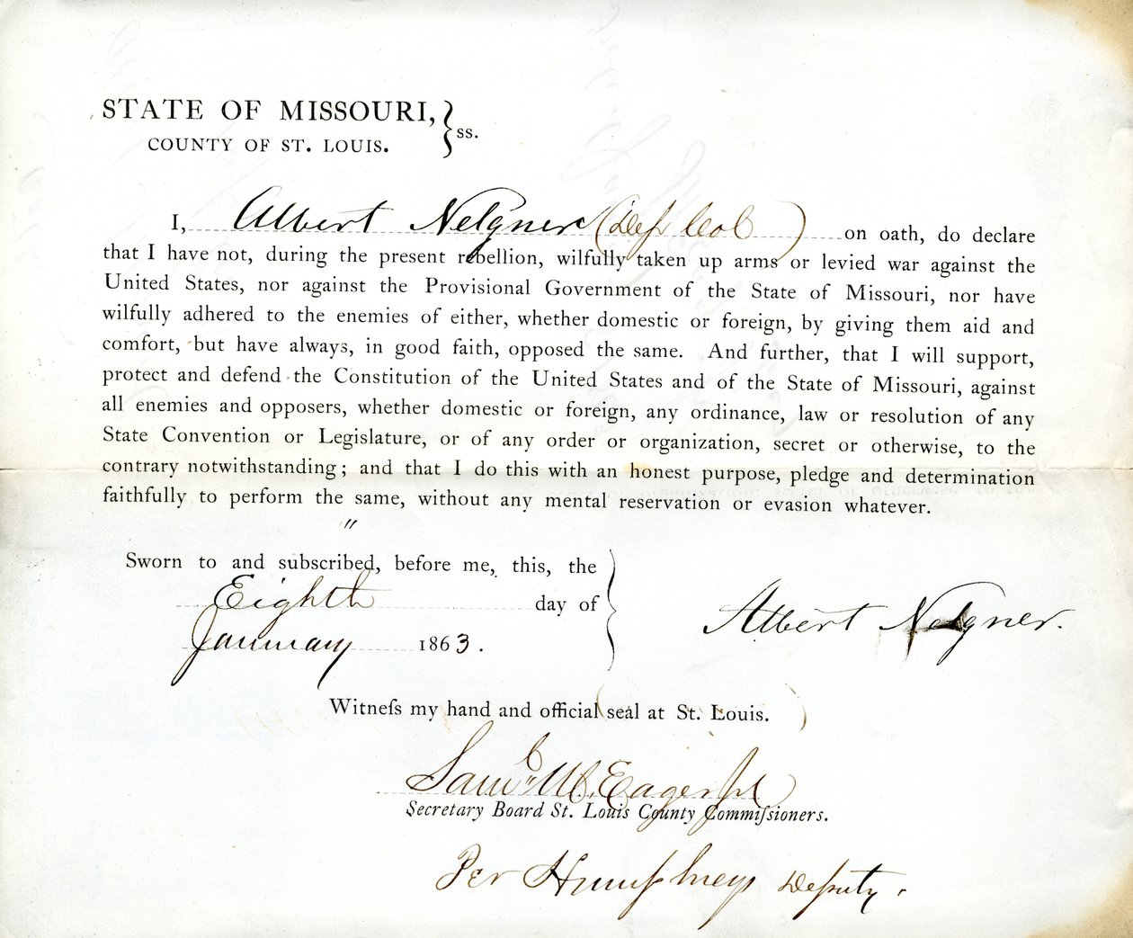 Loyaliteitseed van Albert Nelgner uit Missouri, County of St. Louis door Albert Nelgner