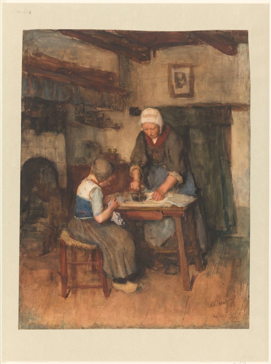 Interieur met strijkende vrouw en naaiend kind door Albert  Neuhuys