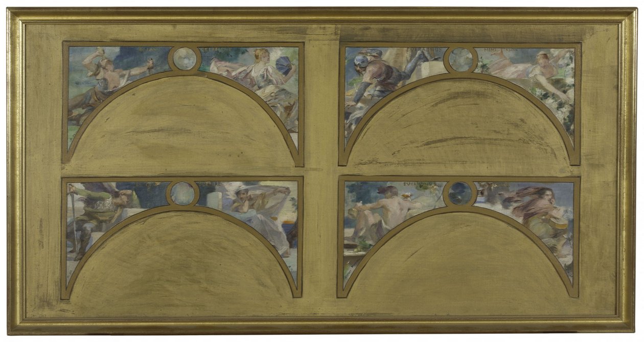 Schets voor de Salon des Lettres in het stadhuis van Parijs: de grote literaire werken (La Chanson de Roland, Le Misanthrope, Eviradnus, Mimi Pinson, Le Cid, Phèdre, Pantagruel, La Cigale), circa 1890 door Albert Pierre Rene Maignan